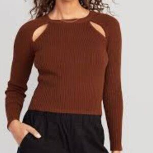 Bracelet-Sleeve Rib-Knit Cutwork Sweater